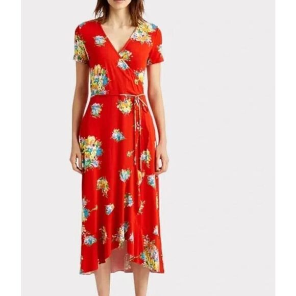 Ralph Lauren Dress Womens 1X Plus Floral A Line Ruffle Tie Black Label Red - Picture 1 of 6
